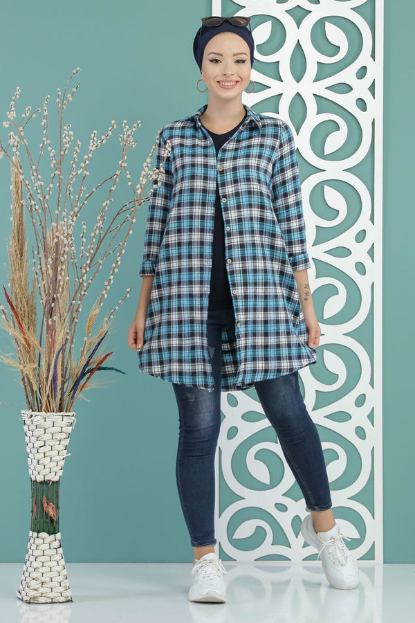 Düz Orta Kadın Mavi Ekose Tunik Mavi - 02 7662 - 7662