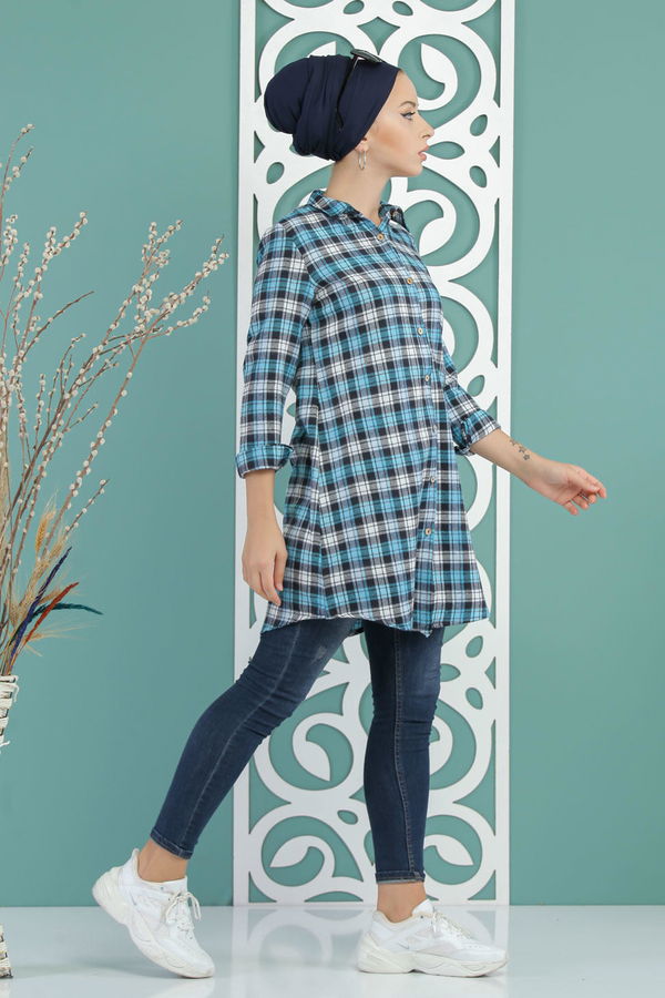 Düz Orta Kadın Mavi Ekose Tunik Mavi - 02 7662 - 7662