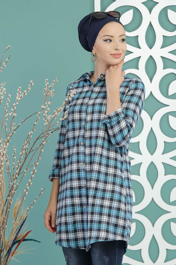 Düz Orta Kadın Mavi Ekose Tunik Mavi - 02 7662 - 7662