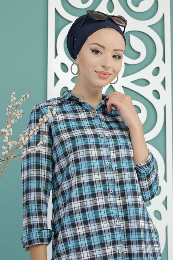Düz Orta Kadın Mavi Ekose Tunik Mavi - 02 7662 - 7662