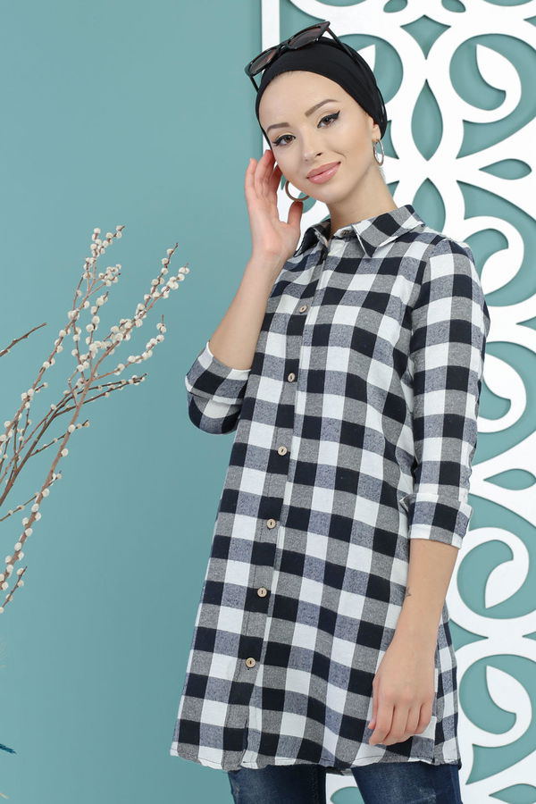 Düz Orta Kadın Siyah Ekose Tunik Siyah - 02 7661 - 7661
