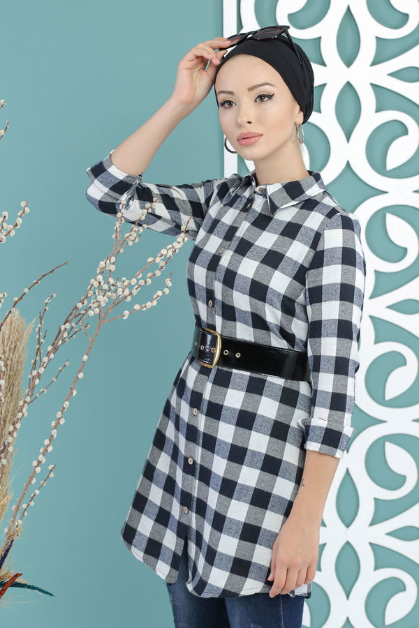 Düz Orta Kadın Siyah Ekose Tunik Siyah - 02 7661 - 7661