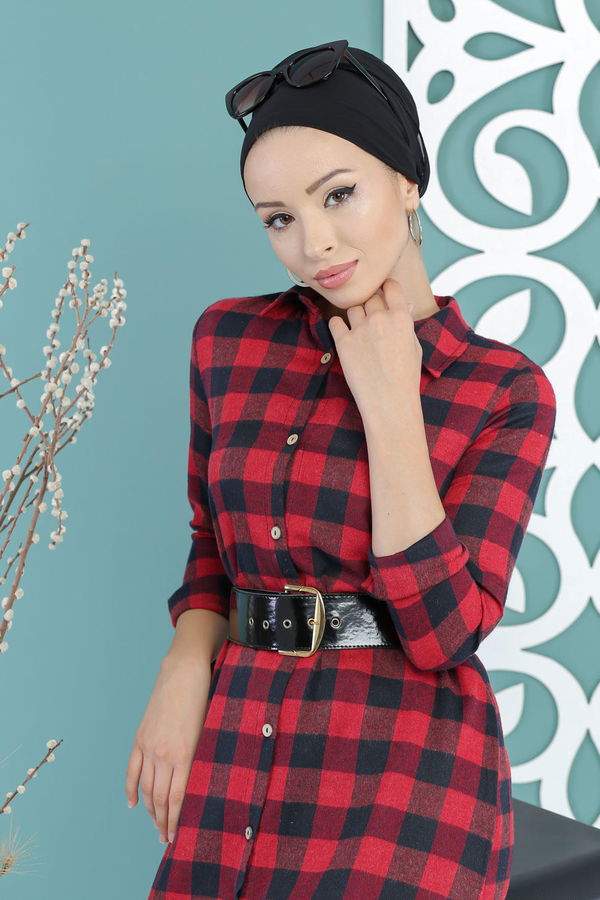 Düz Orta Kadın Bordo Ekose Tunik Bordo - 02 7661 - 7661 BORDO