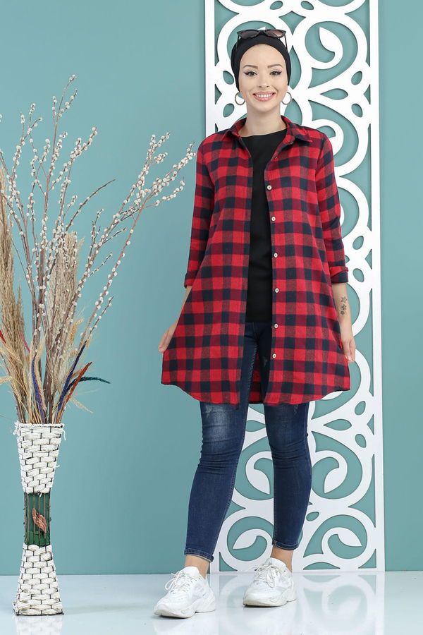 Düz Orta Kadın Bordo Ekose Tunik Bordo - 02 7661 - 7661 BORDO