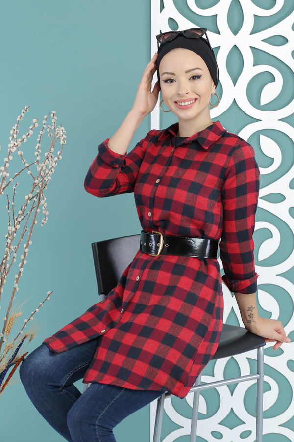 Düz Orta Kadın Bordo Ekose Tunik Bordo - 02 7661 - 7661 BORDO
