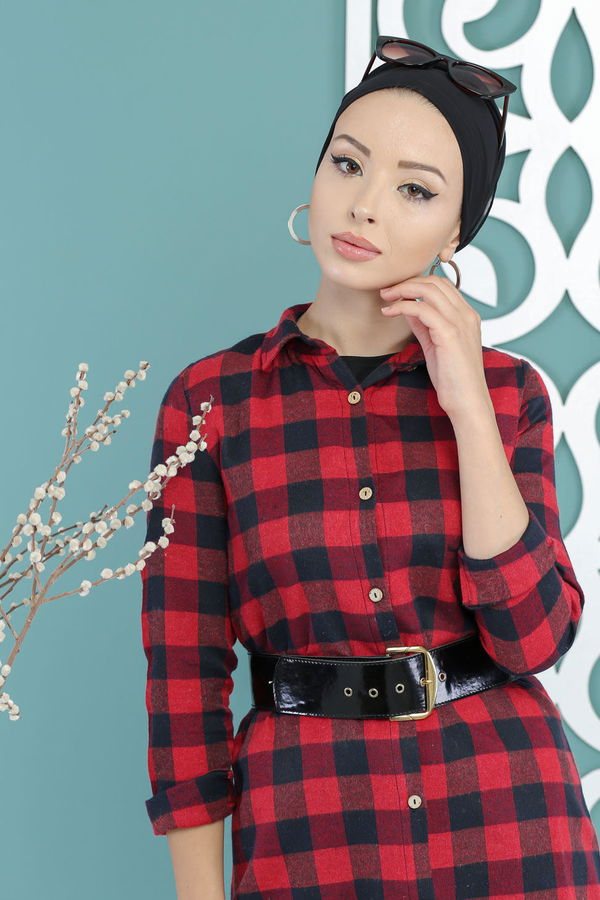 Düz Orta Kadın Bordo Ekose Tunik Bordo - 02 7661 - 7661 BORDO