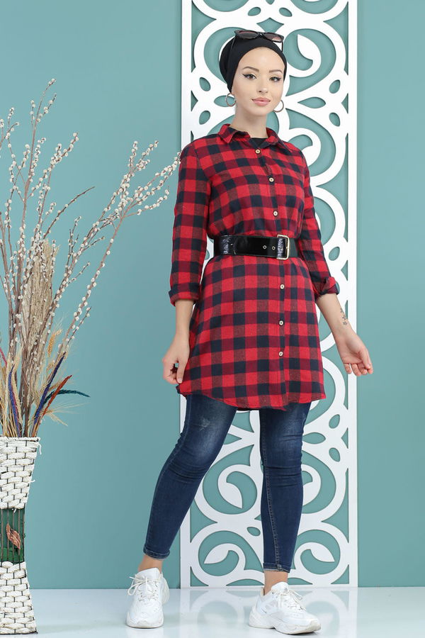 Düz Orta Kadın Bordo Ekose Tunik Bordo - 02 7661 - 7661 BORDO
