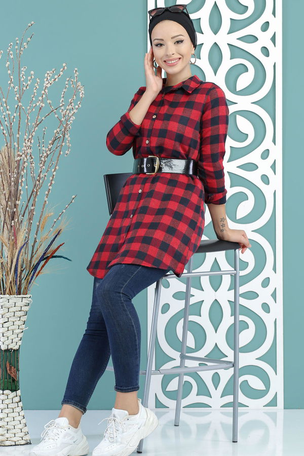 Düz Orta Kadın Bordo Ekose Tunik Bordo - 02 7661 - 7661 BORDO