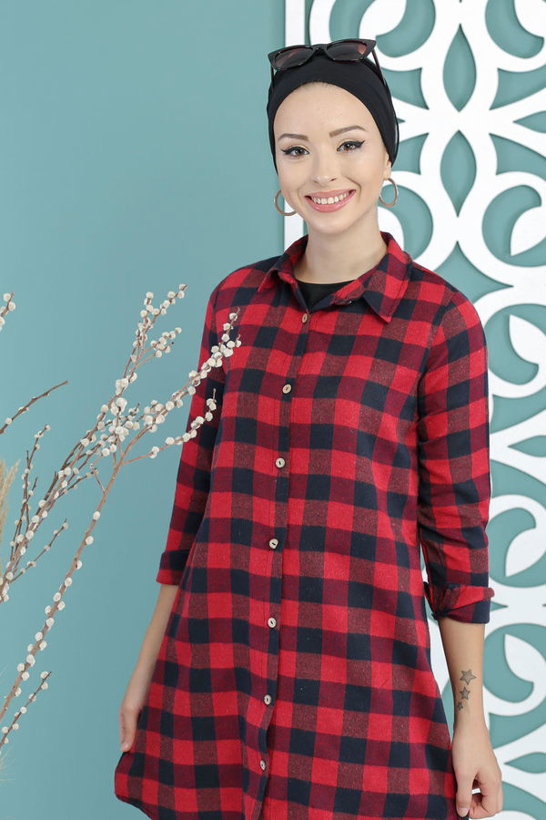 Düz Orta Kadın Bordo Ekose Tunik Bordo - 02 7661 - 7661 BORDO