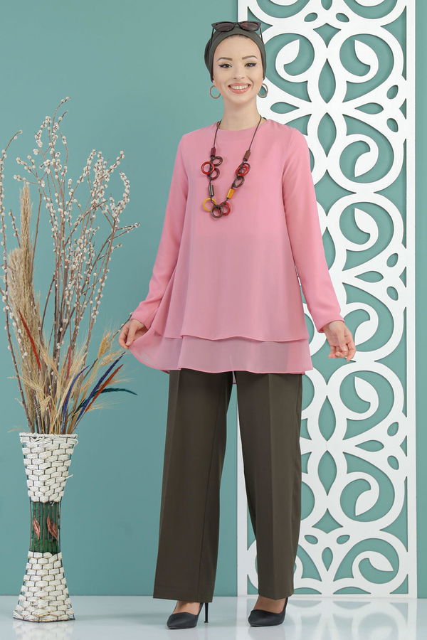 Düz Orta Kadın Pembe Bluz  - 1259 PEMBE