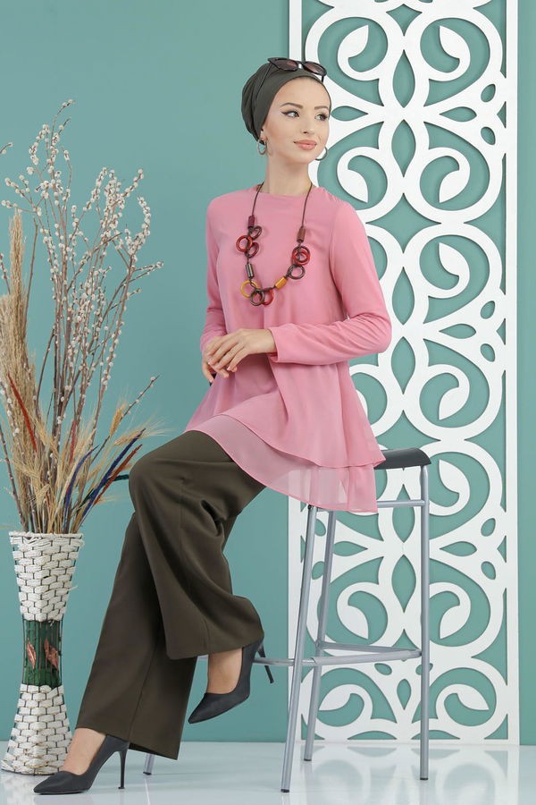 Düz Orta Kadın Pembe Bluz  - 1259 PEMBE