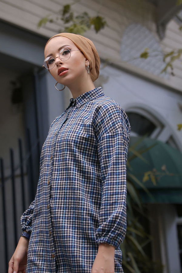Düz Orta Kadın Mavi Ekose Tunik Mavi - 02 7658 - 7658
