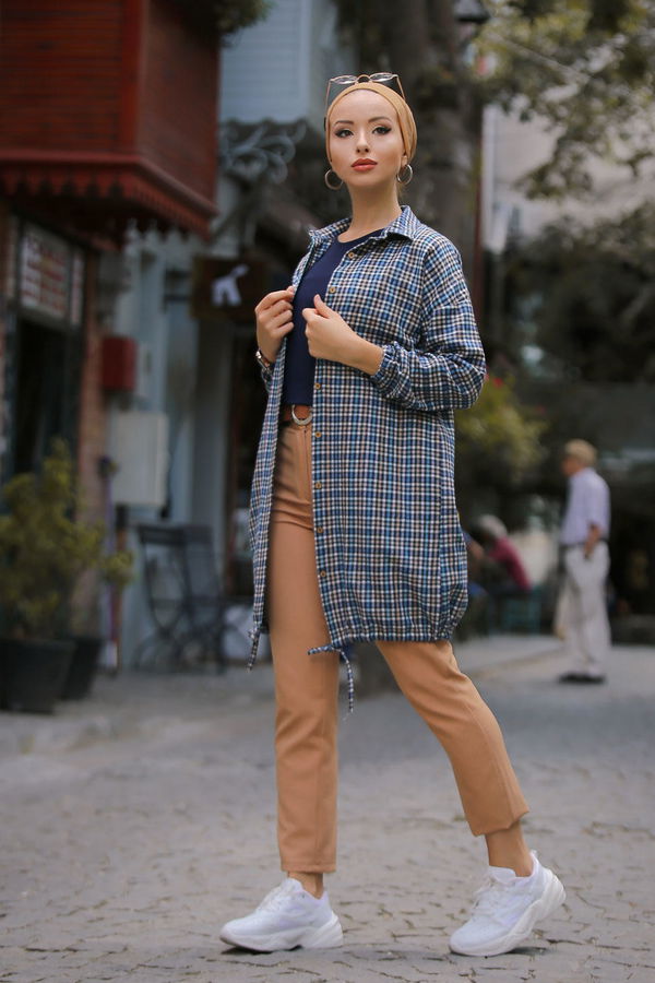 Düz Orta Kadın Mavi Ekose Tunik Mavi - 02 7658 - 7658