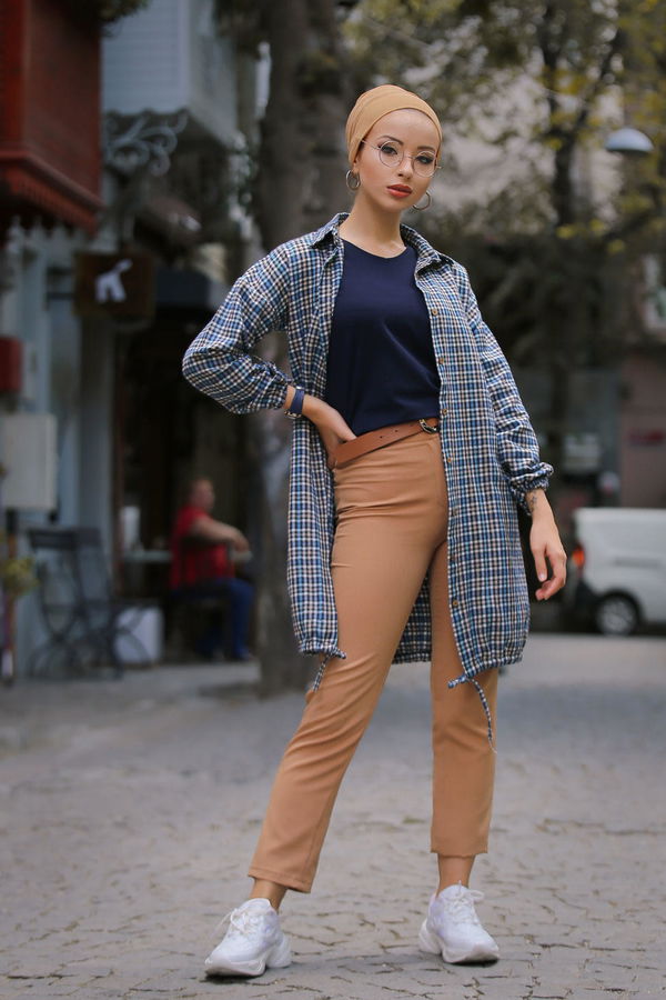 Düz Orta Kadın Mavi Ekose Tunik Mavi - 02 7658 - 7658