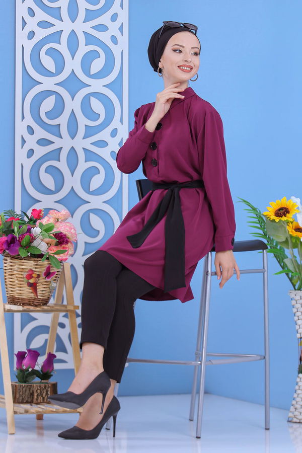 Düz Orta Kadın Mürdüm Tunik Haki  - 1241
