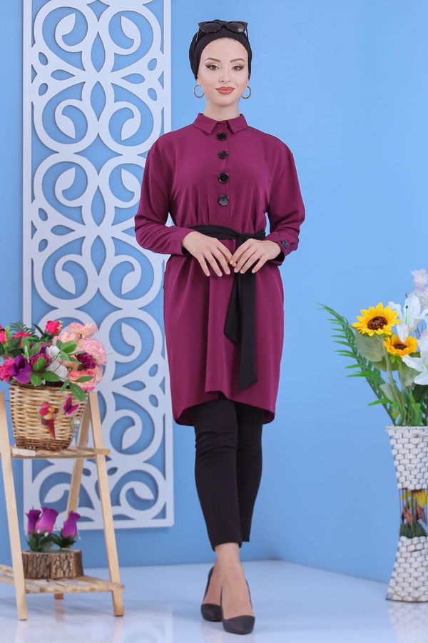 Düz Orta Kadın Mürdüm Tunik Haki  - 1241