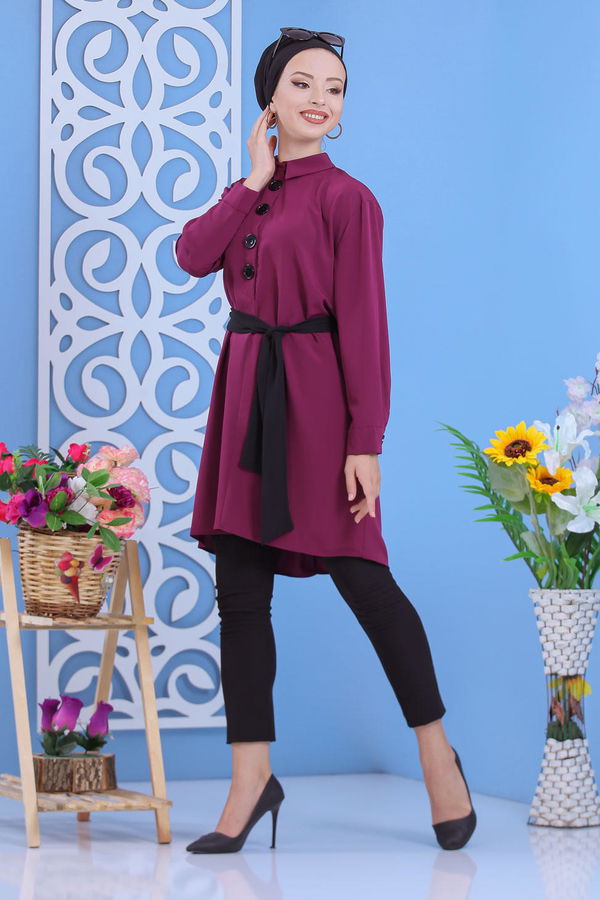 Düz Orta Kadın Mürdüm Tunik Haki  - 1241