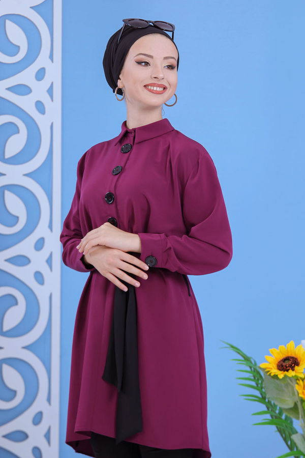 Düz Orta Kadın Mürdüm Tunik Haki  - 1241
