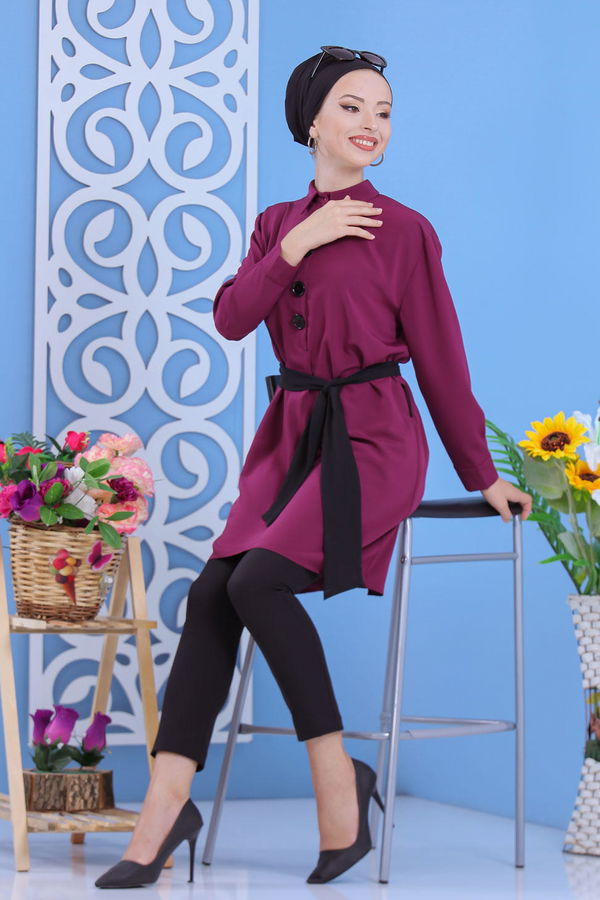 Düz Orta Kadın Mürdüm Tunik Haki  - 1241