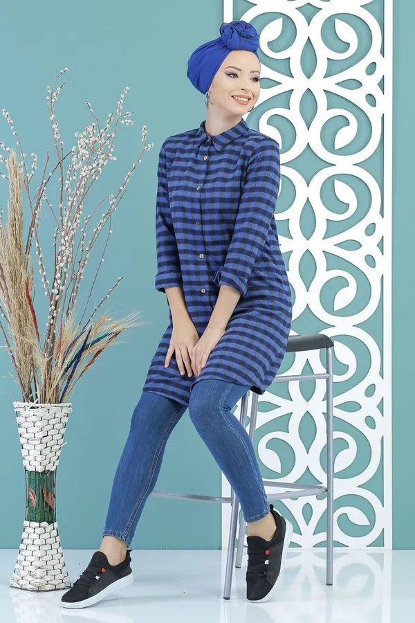 Düz Orta Kadın Mavi Ekose Tunik Saks - 02 7662 - 7662 MAVİ