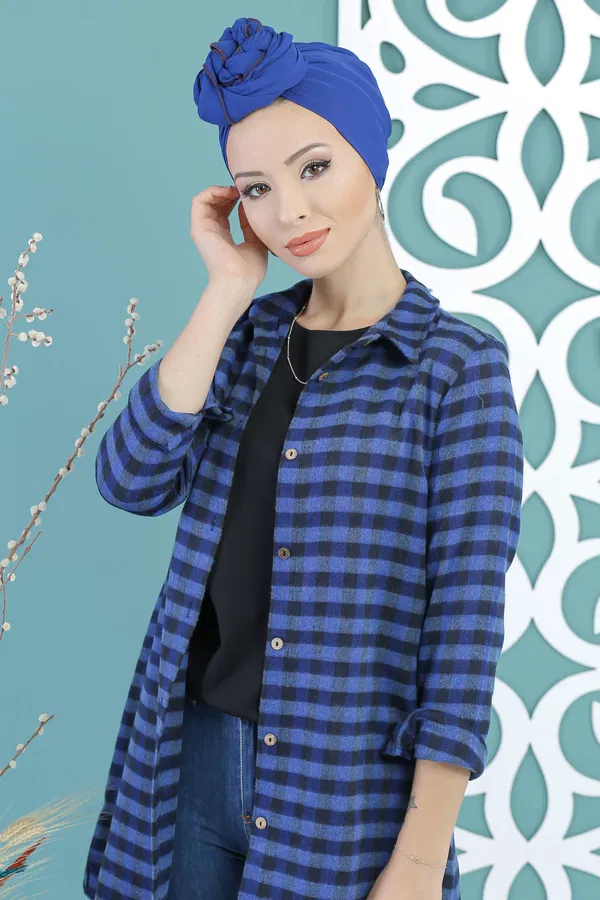 Düz Orta Kadın Mavi Ekose Tunik Saks - 02 7662 - 7662 MAVİ