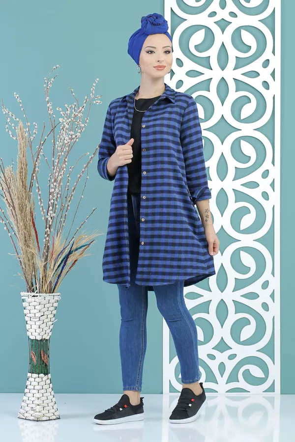 Düz Orta Kadın Mavi Ekose Tunik Saks - 02 7662 - 7662 MAVİ