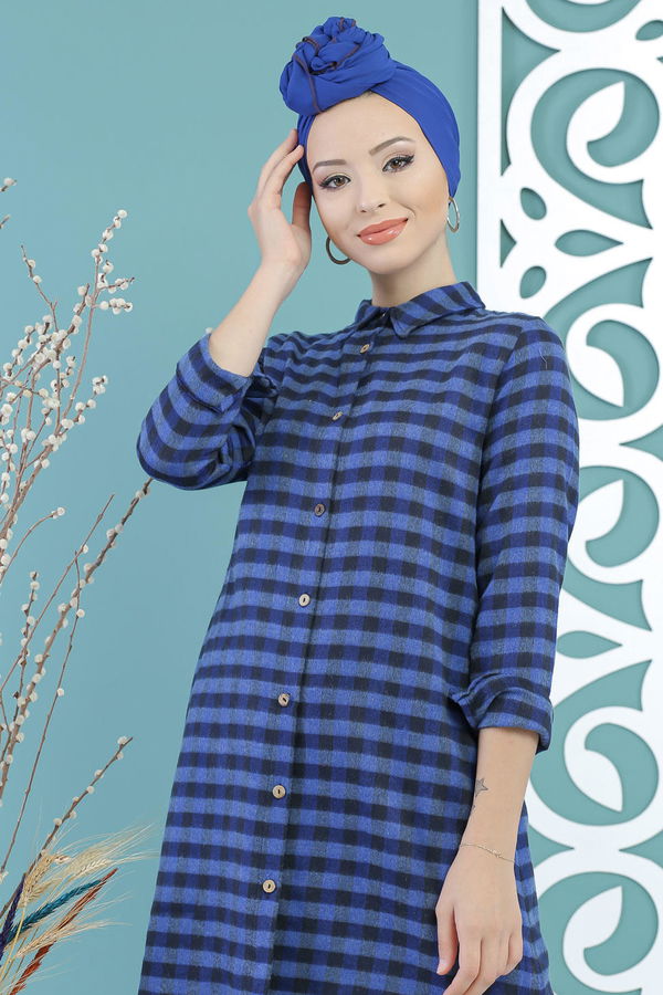 Düz Orta Kadın Mavi Ekose Tunik Saks - 02 7662 - 7662 MAVİ