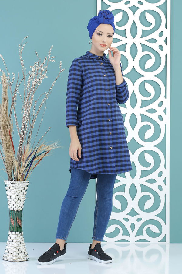 Düz Orta Kadın Mavi Ekose Tunik Saks - 02 7662 - 7662 MAVİ