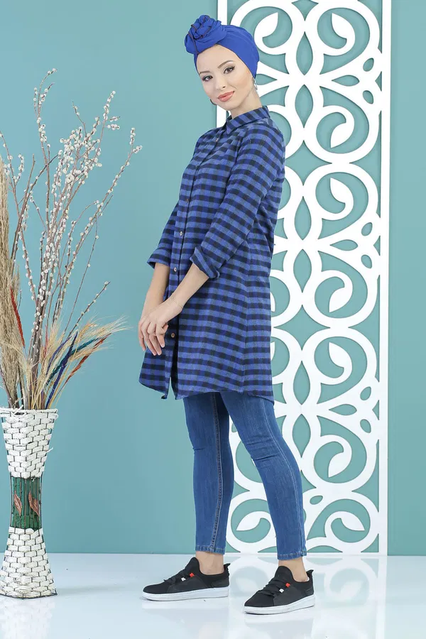 Düz Orta Kadın Mavi Ekose Tunik Saks - 02 7662 - 7662 MAVİ