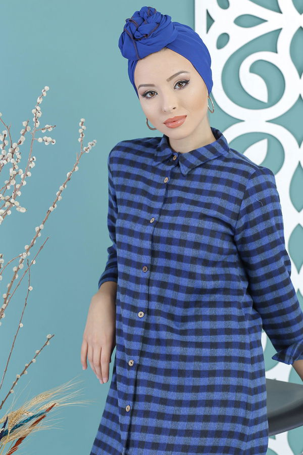 Düz Orta Kadın Mavi Ekose Tunik Saks - 02 7662 - 7662 MAVİ
