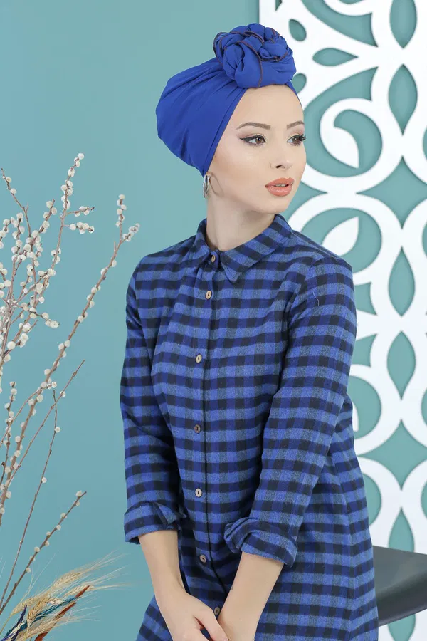 Düz Orta Kadın Mavi Ekose Tunik Saks - 02 7662 - 7662 MAVİ