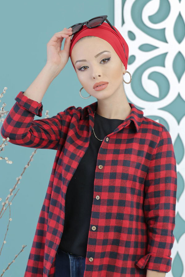 Düz Orta Kadın Kırmızı Ekose Tunik Kirmizi - 02 7662 - 7662 Kırmızı