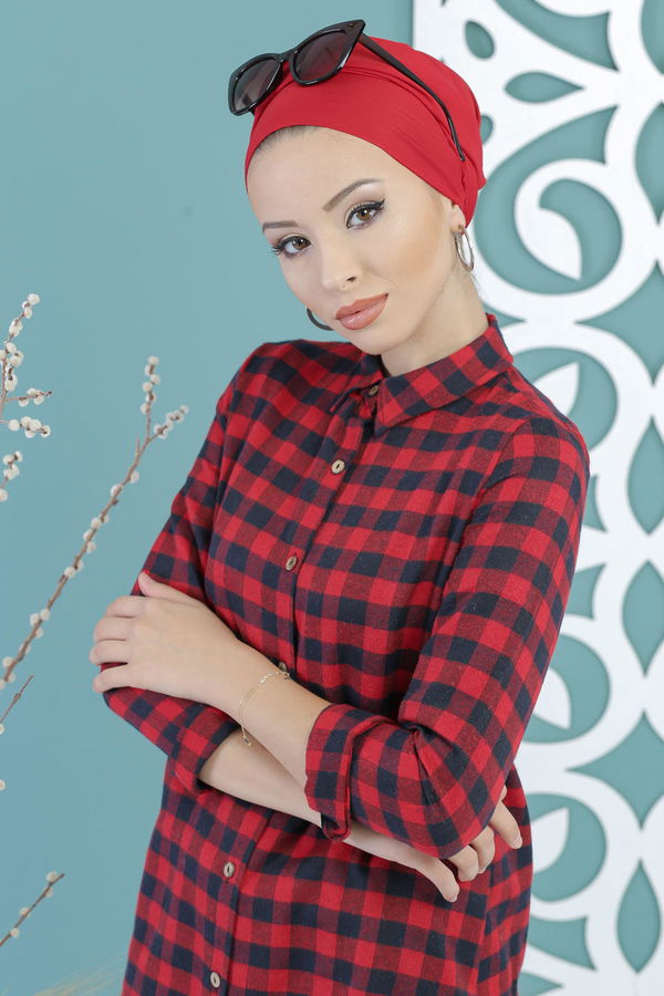 Düz Orta Kadın Kırmızı Ekose Tunik Kirmizi - 02 7662 - 7662 Kırmızı