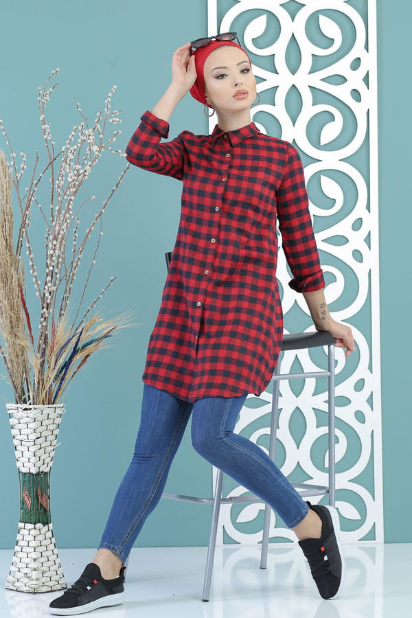 Düz Orta Kadın Kırmızı Ekose Tunik Kirmizi - 02 7662 - 7662 Kırmızı