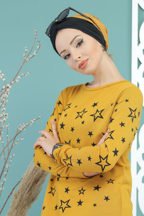 Düz Orta Kadın Sarı Yıldız Baskılı Tunik Siyah  - 7674 Sarı