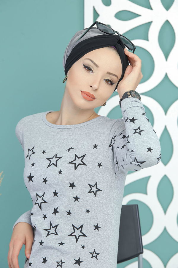 Düz Orta Kadın Gri Yıldız Baskılı Tunik Siyah  - 7674