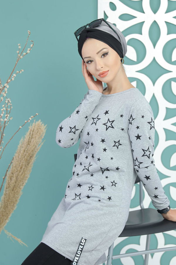Düz Orta Kadın Gri Yıldız Baskılı Tunik Siyah  - 7674