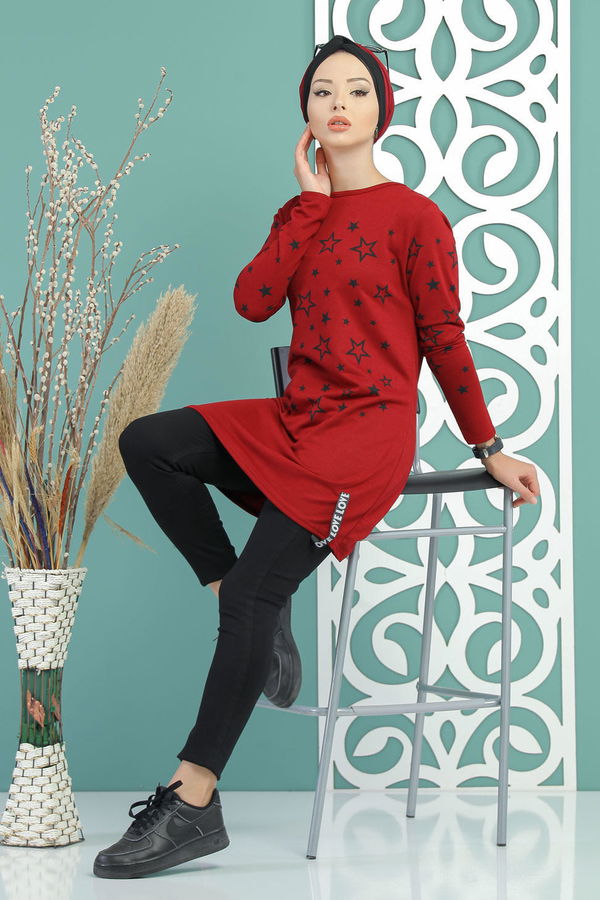 Düz Orta Kadın Bordo Yıldız Baskılı Tunik Siyah  - 7674 BORDO