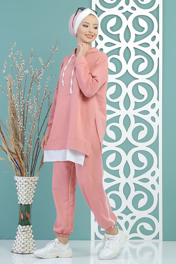 Düz Orta Kadın Pembe Kapşonlu Tunik Panolon Siyah  - 7650
