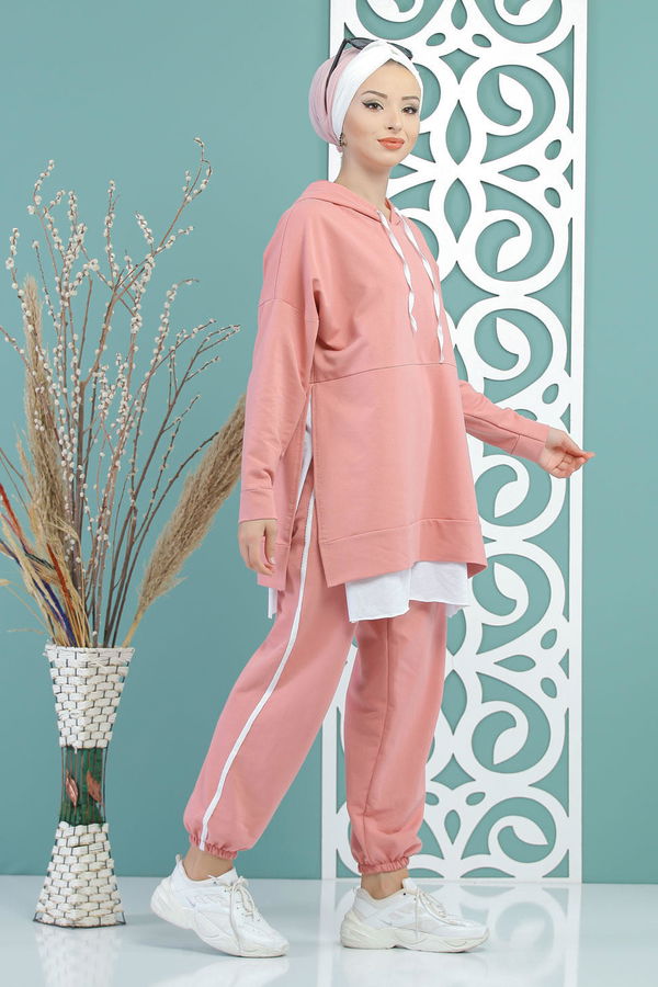 Düz Orta Kadın Pembe Kapşonlu Tunik Panolon Siyah  - 7650