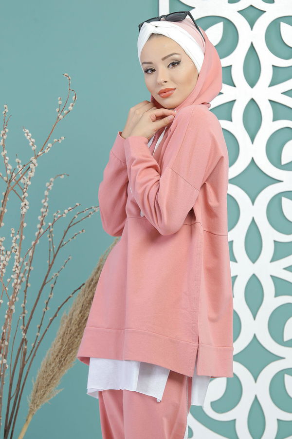 Düz Orta Kadın Pembe Kapşonlu Tunik Panolon Siyah  - 7650