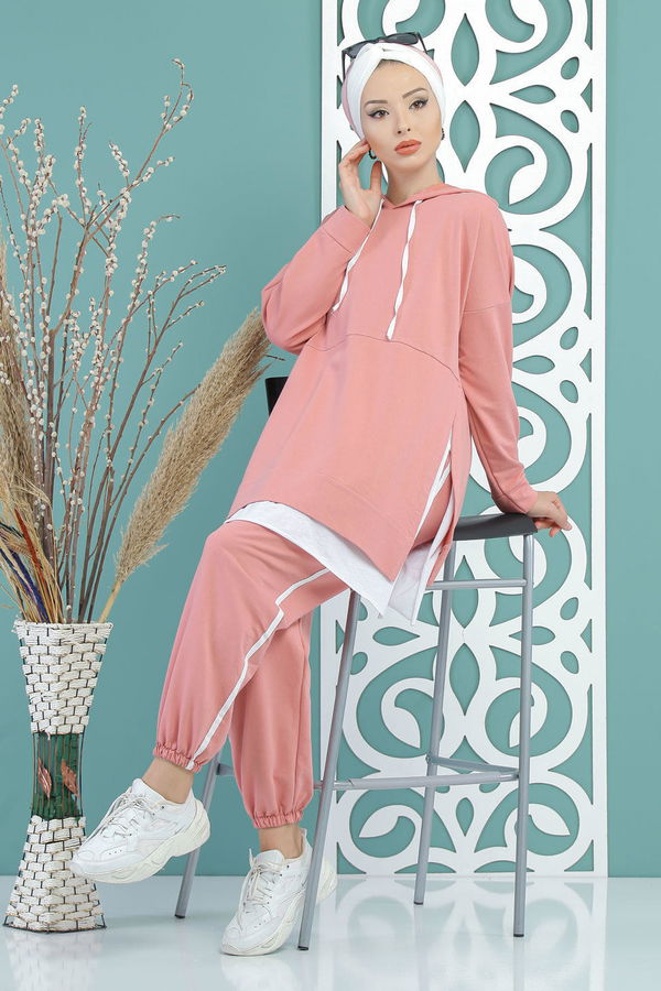 Düz Orta Kadın Pembe Kapşonlu Tunik Panolon Siyah  - 7650
