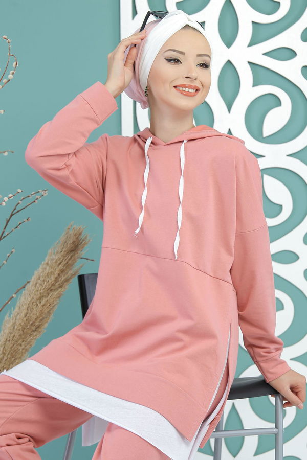 Düz Orta Kadın Pembe Kapşonlu Tunik Panolon Siyah  - 7650