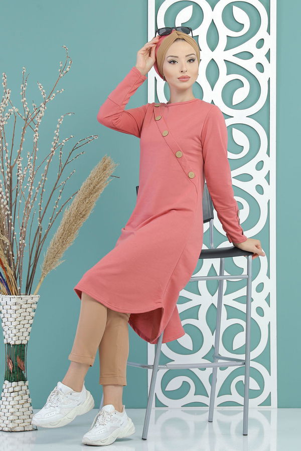 Düz Orta Kadın Pembe Tunik Haki  - 7677 PEMBE