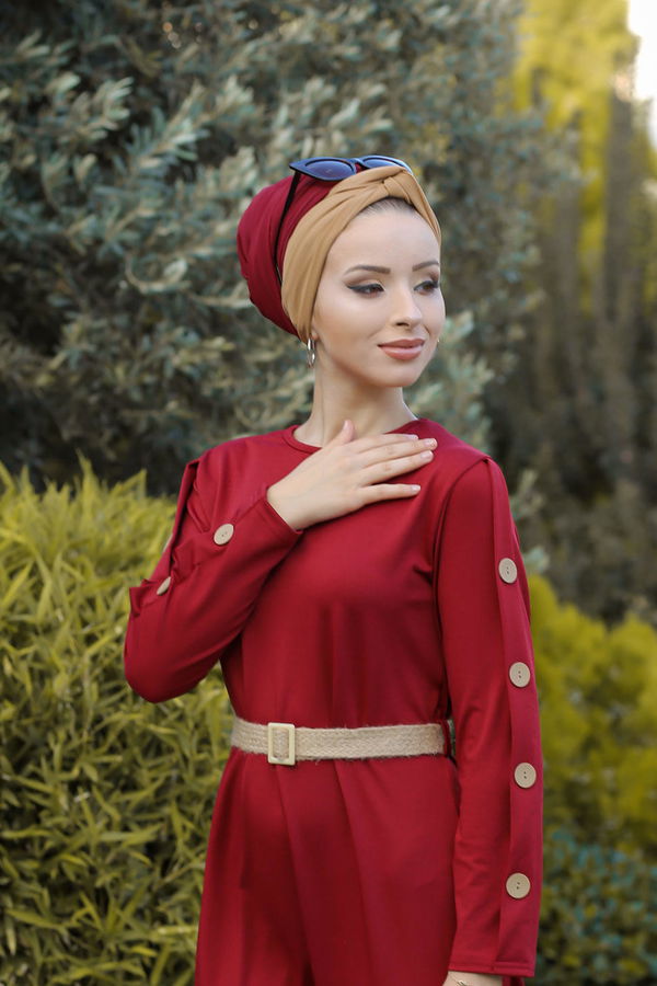 Düz Orta Kadın Bordo Dügme Detey Elbise Kemer Siyah  - 7633 BORDO