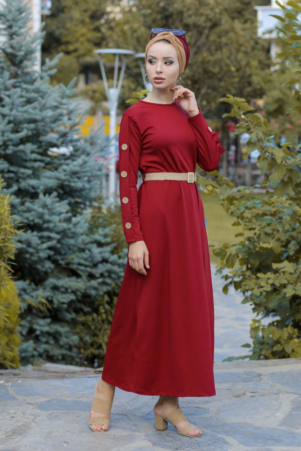 Düz Orta Kadın Bordo Dügme Detey Elbise Kemer Siyah  - 7633 BORDO
