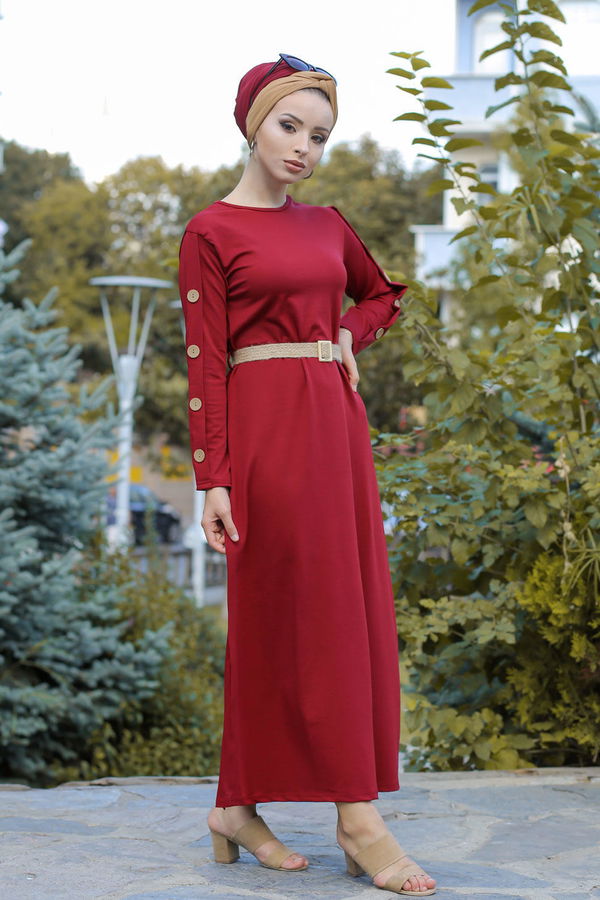 Düz Orta Kadın Bordo Dügme Detey Elbise Kemer Siyah  - 7633 BORDO