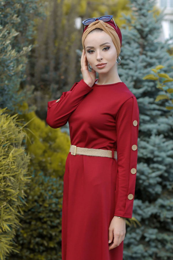 Düz Orta Kadın Bordo Dügme Detey Elbise Kemer Siyah  - 7633 BORDO