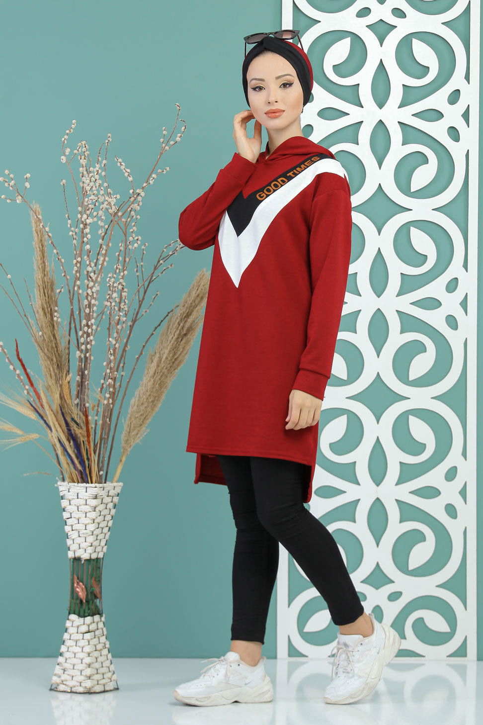 Düz Orta Kadın Bordo Kapşonlu Tunik Haki  - 7688 BORDO