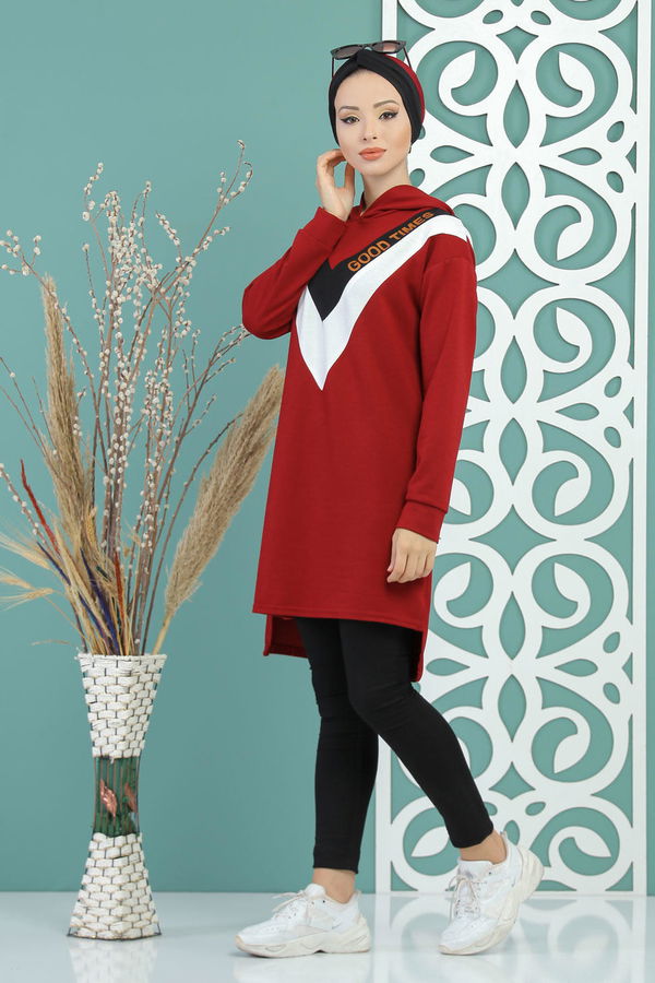Düz Orta Kadın Bordo Kapşonlu Tunik Haki  - 7688 BORDO